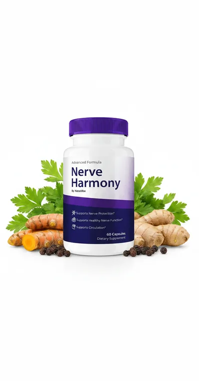Nerve Harmony nerve support capsule bottle with turmeric root, ginger, black pepper and fresh herbs
