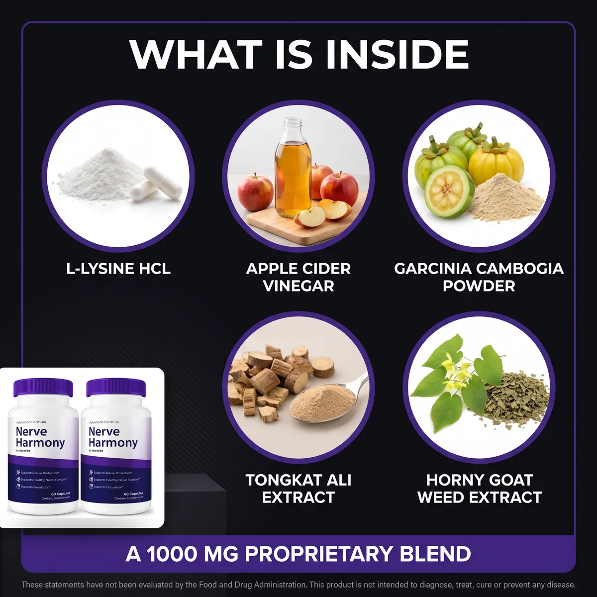 Nerve Harmony ingredients listing: L-Lysine HCL, apple cider vinegar and Garcinia cambogia powder